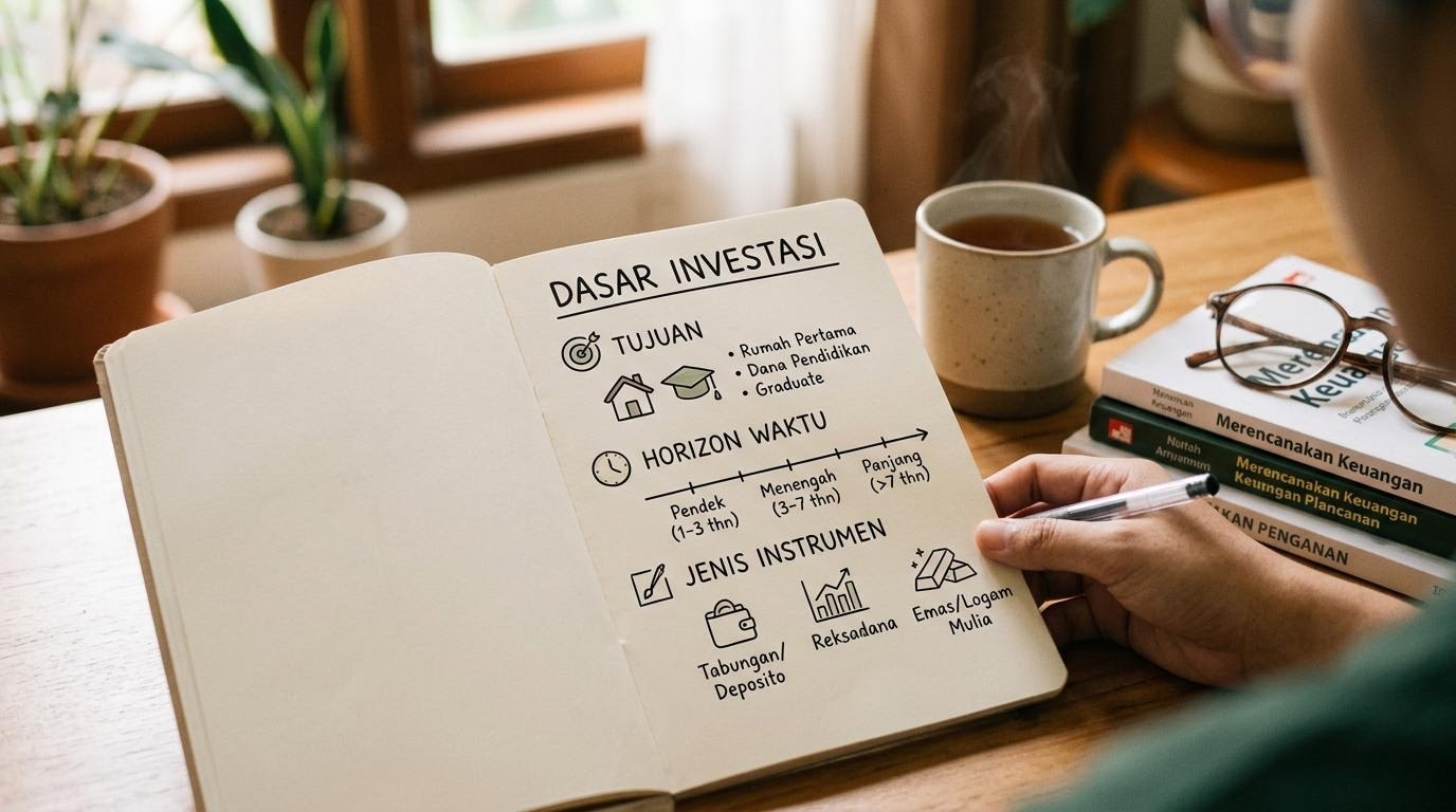 Catatan sederhana berisi tujuan, horizon, dan jenis instrumen investasi